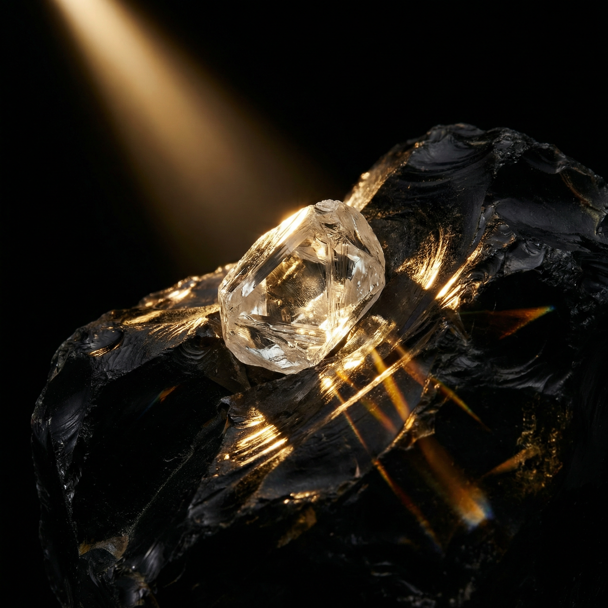 Uncut diamond in dark rock — the Facet & Fire brand metaphor